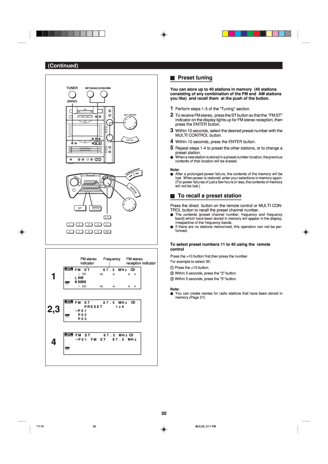 Sharp MD-X8 operation manual HPreset tuning, HTo recall a preset station, Continued 