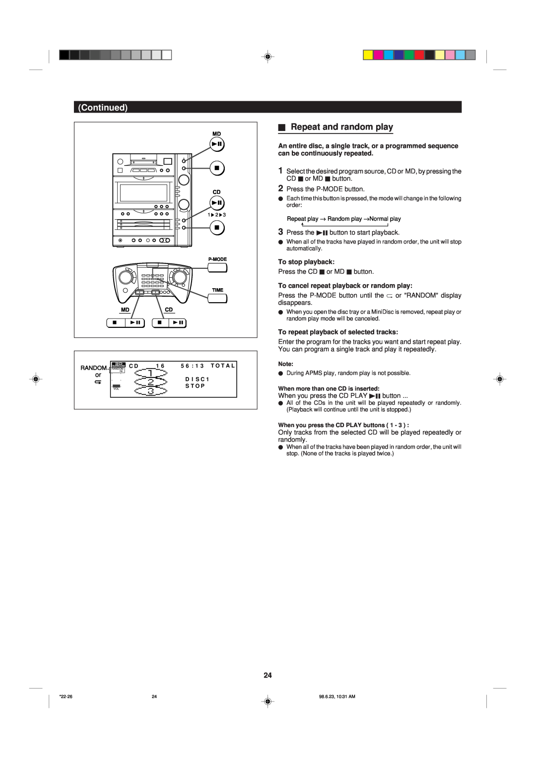 Sharp MD-X8 operation manual HRepeat and random play, Continued, To stop playback, To cancel repeat playback or random play 