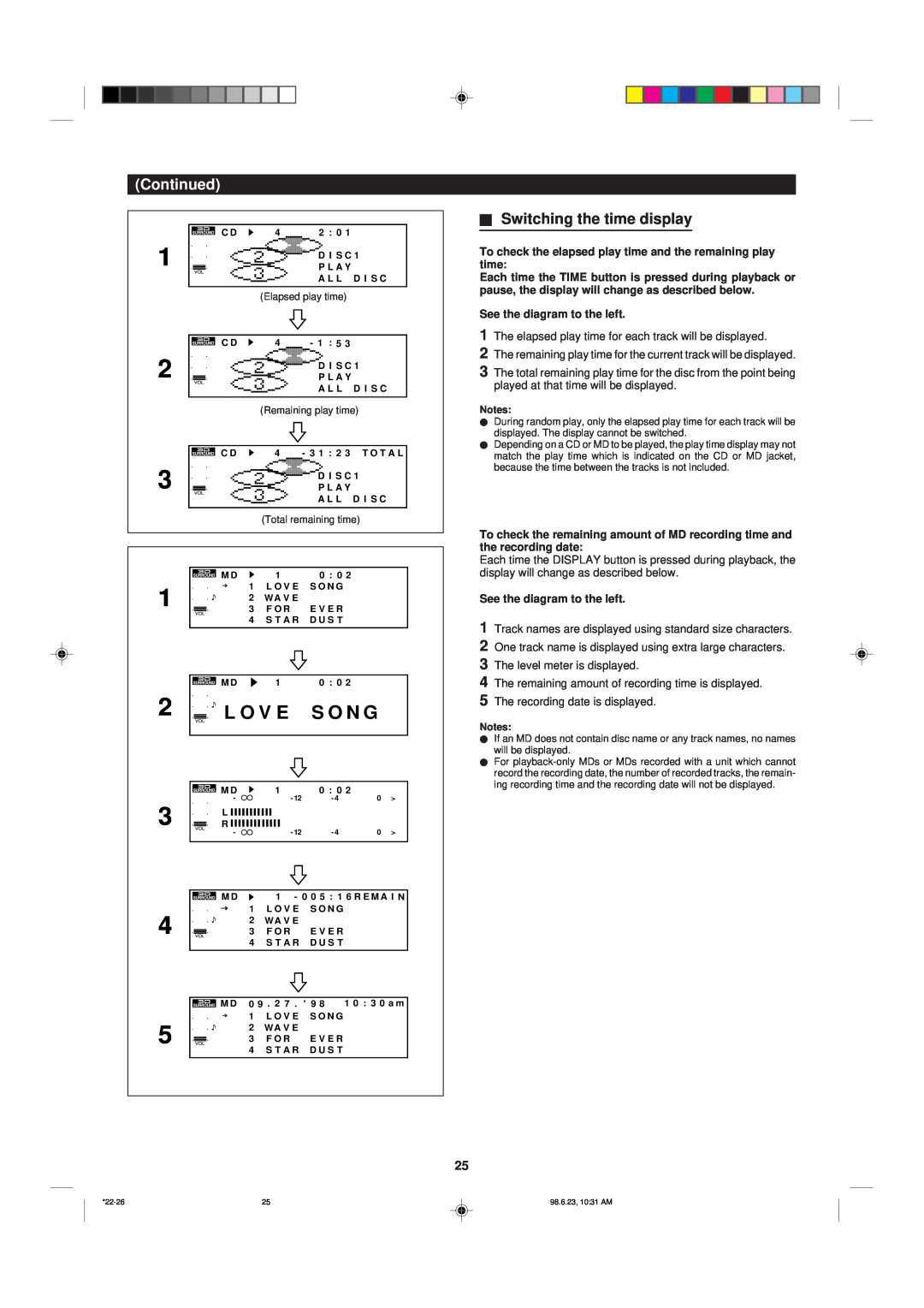 Sharp MD-X8 operation manual 2L O V E W S O N G, HSwitching the time display, Continued, See the diagram to the left 