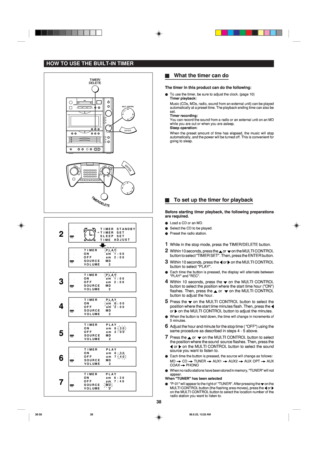 Sharp MD-X8 operation manual How To Use The Built-Intimer, HWhat the timer can do, HTo set up the timer for playback 