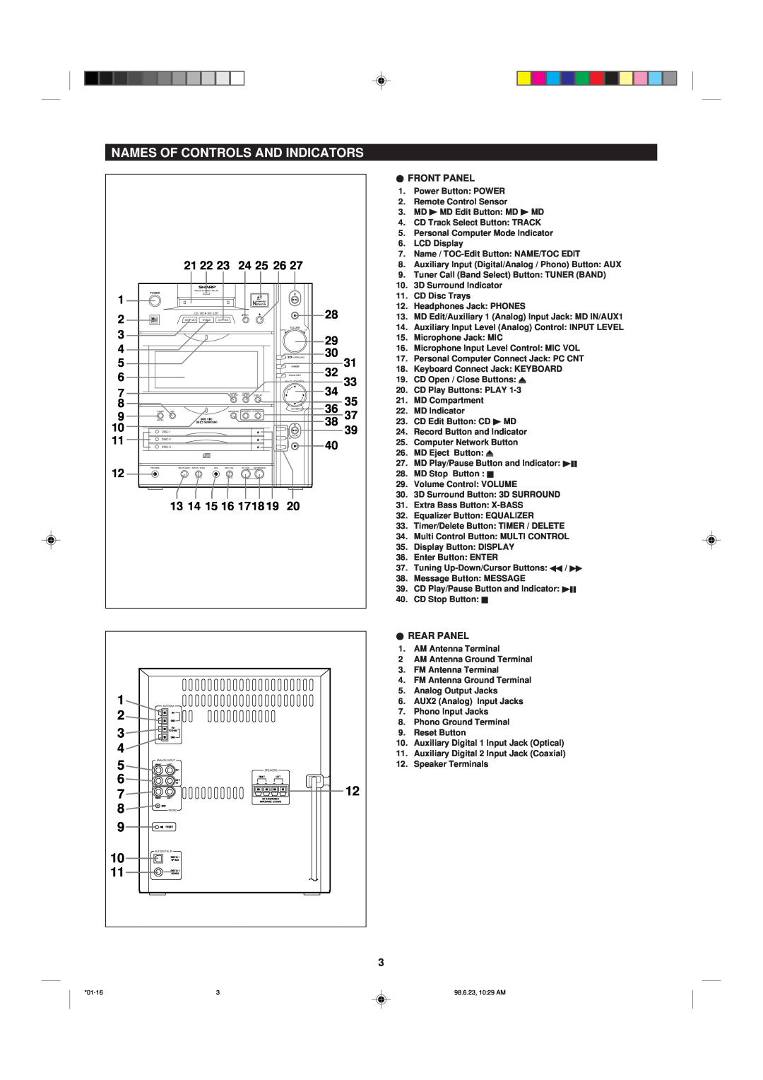 Sharp MD-X8 operation manual Names Of Controls And Indicators, Ifront Panel, Irear Panel 