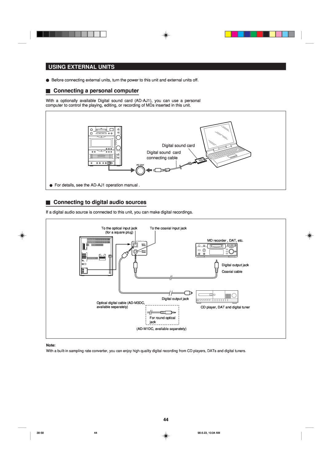 Sharp MD-X8 operation manual Using External Units, HConnecting a personal computer, HConnecting to digital audio sources 