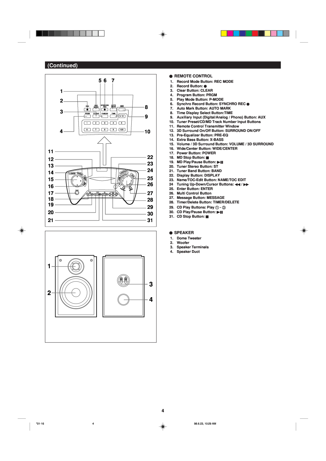 Sharp MD-X8 operation manual Continued, Iremote Control, Ispeaker 