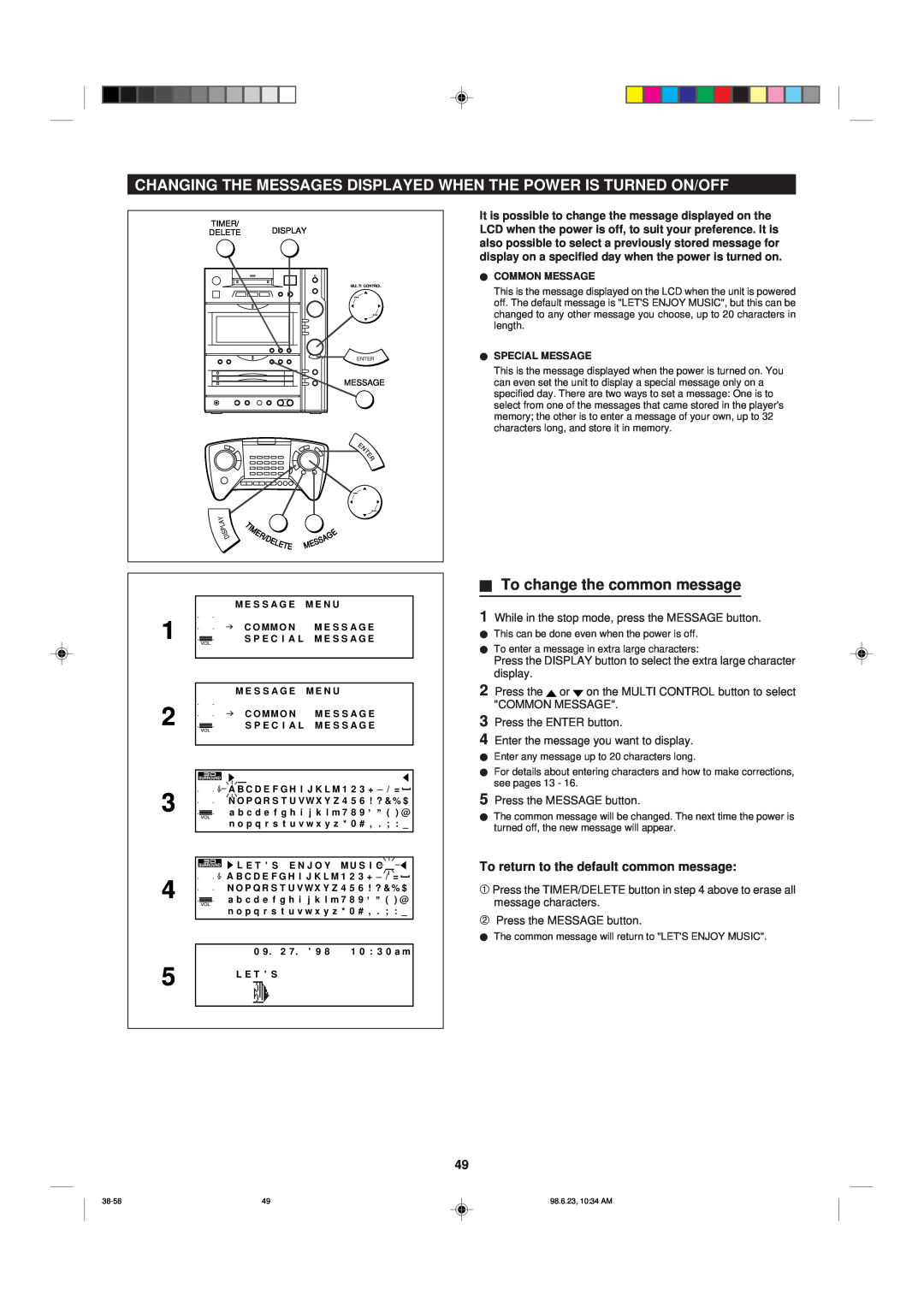 Sharp MD-X8 operation manual HTo change the common message, To return to the default common message 