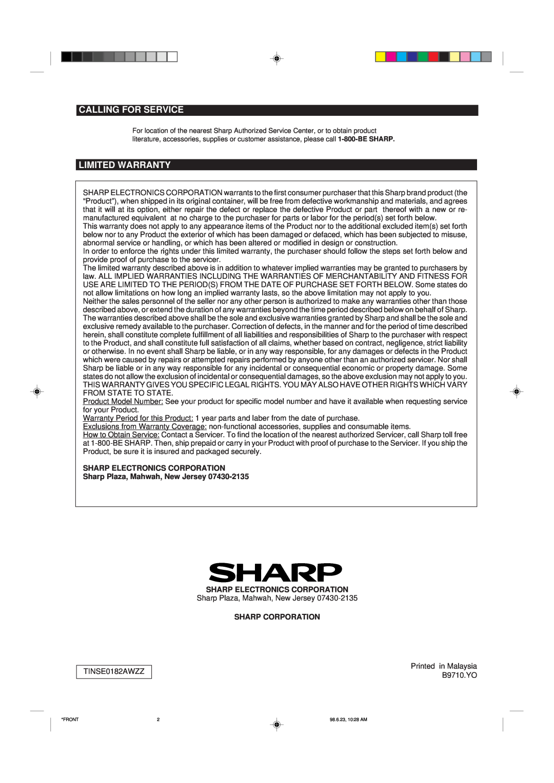 Sharp MD-X8 Calling For Service, Limited Warranty, Sharp Electronics Corporation, Sharp Plaza, Mahwah, New Jersey 