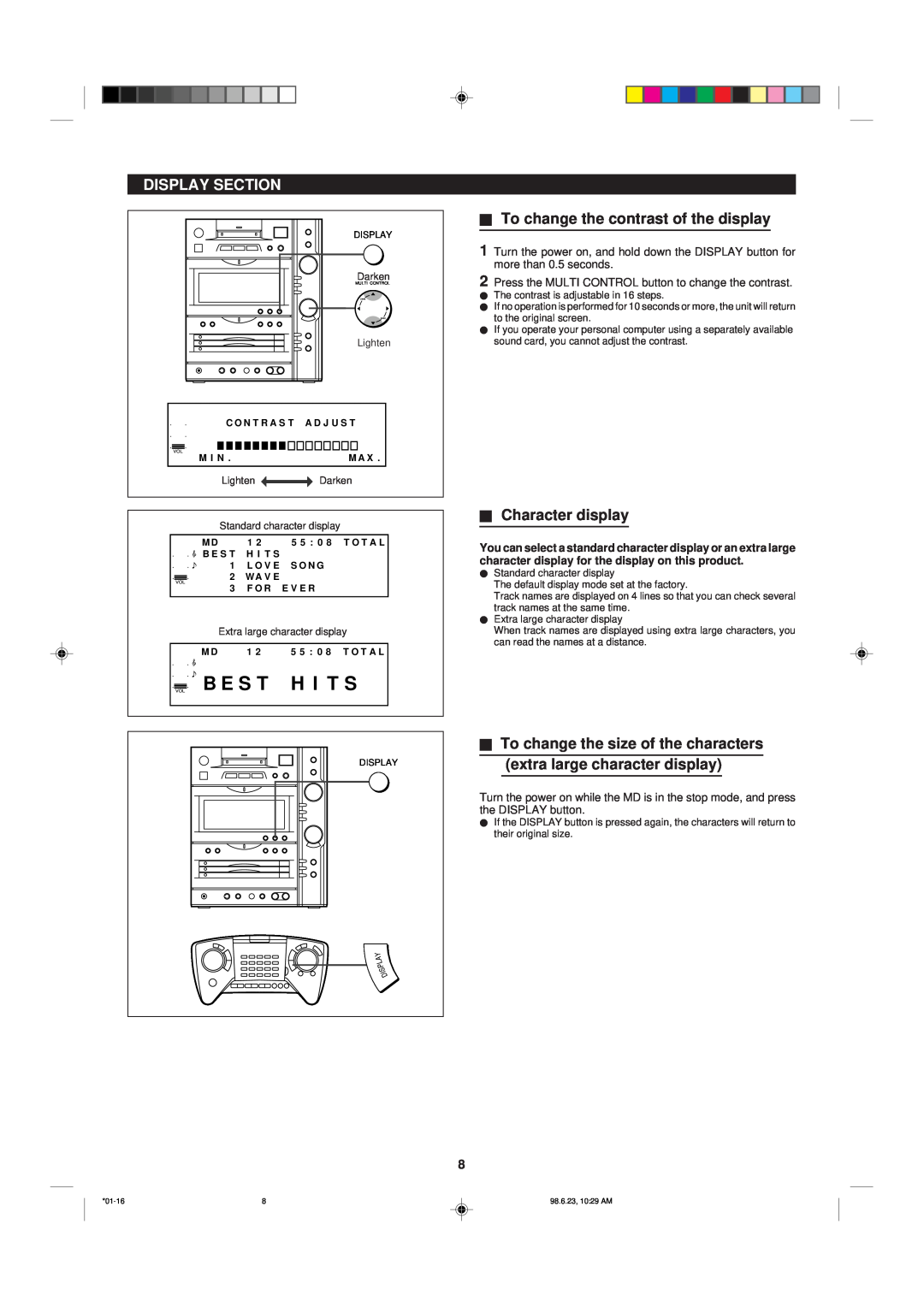 Sharp MD-X8 operation manual B E S T W H I T S, Display Section, HTo change the contrast of the display, HCharacter display 