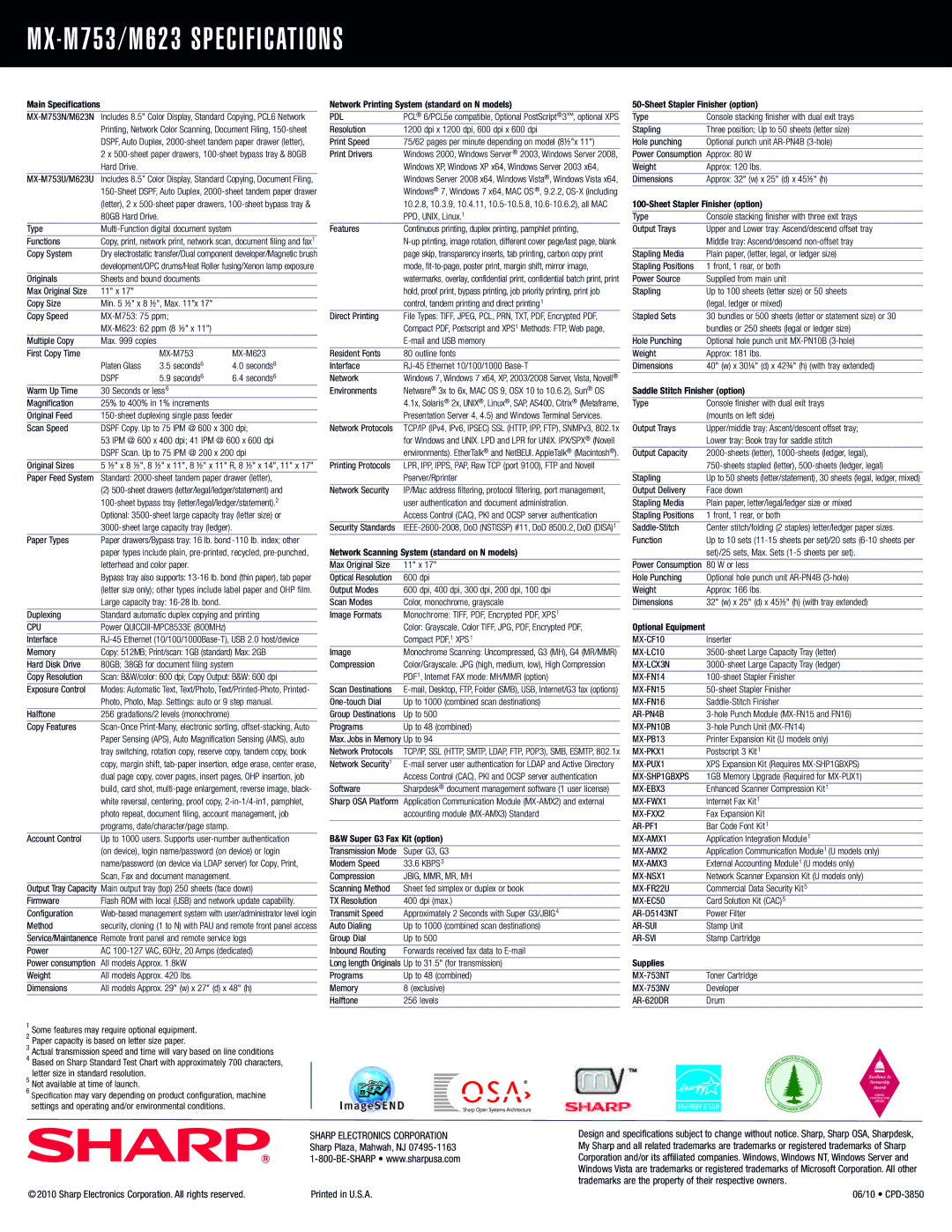 Sharp MFP Series, MX-M623 manual MX-M753/ M6 23 Specifi Cations 