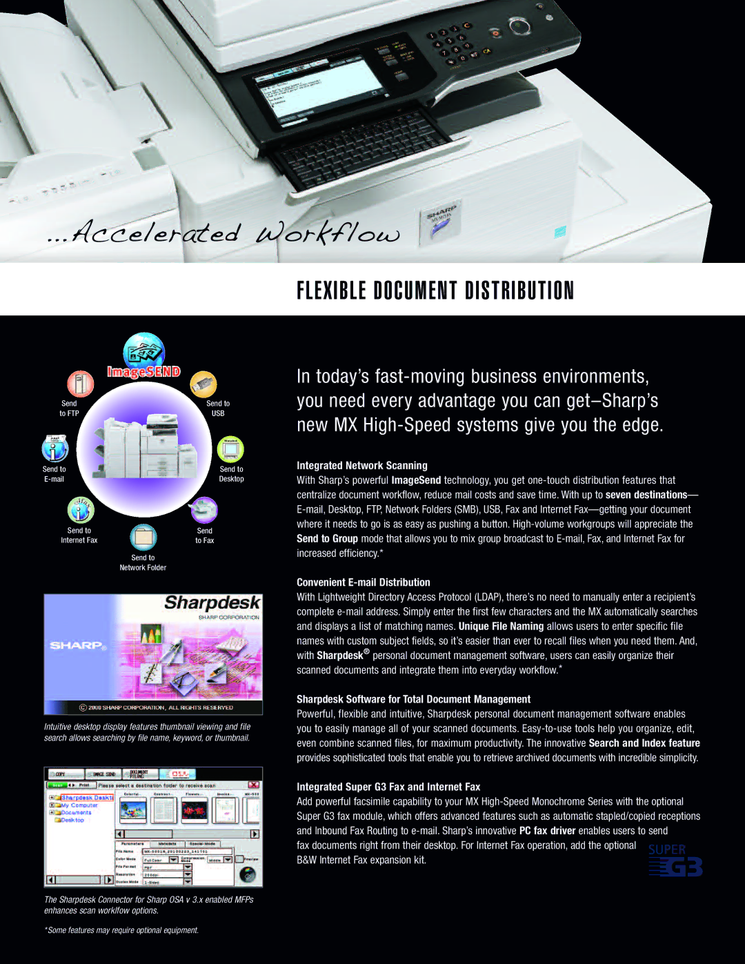 Sharp MX-M753 manual Integrated Network Scanning, Convenient E-mail Distribution, Integrated Super G3 Fax and Internet Fax 