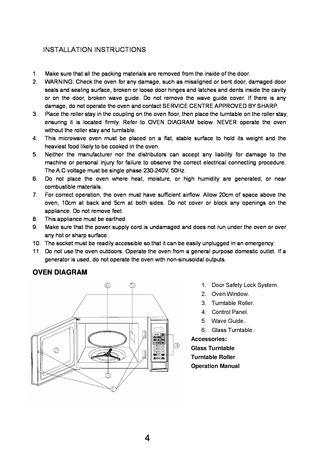 Sharp Microwave Oven manual Oven Diagram, Installation Instructions 