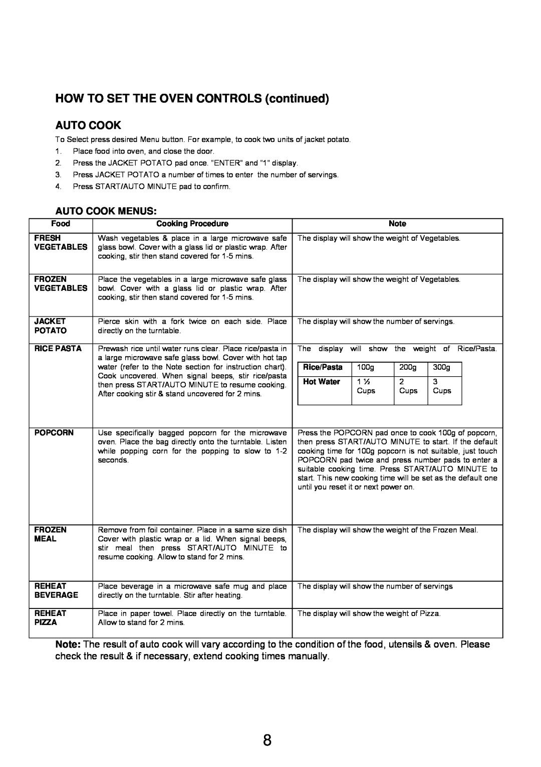 Sharp Microwave Oven manual HOW TO SET THE OVEN CONTROLS continued, Auto Cook Menus 