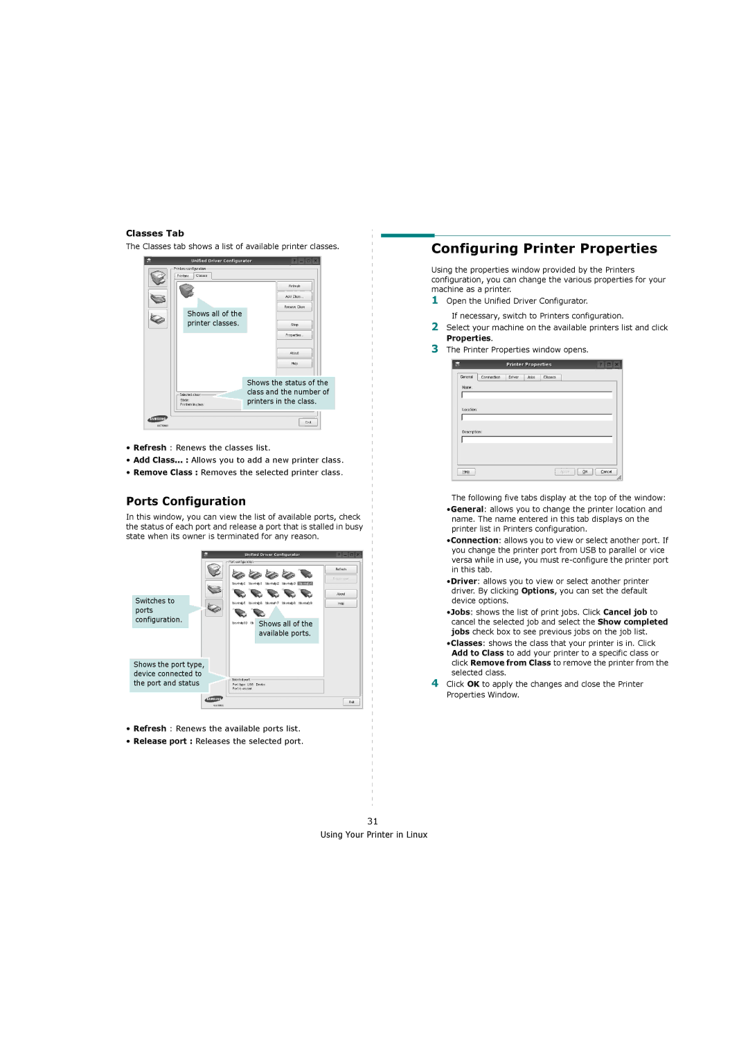 Sharp ML-4550 manual Configuring Printer Properties, Ports Configuration, Classes Tab 