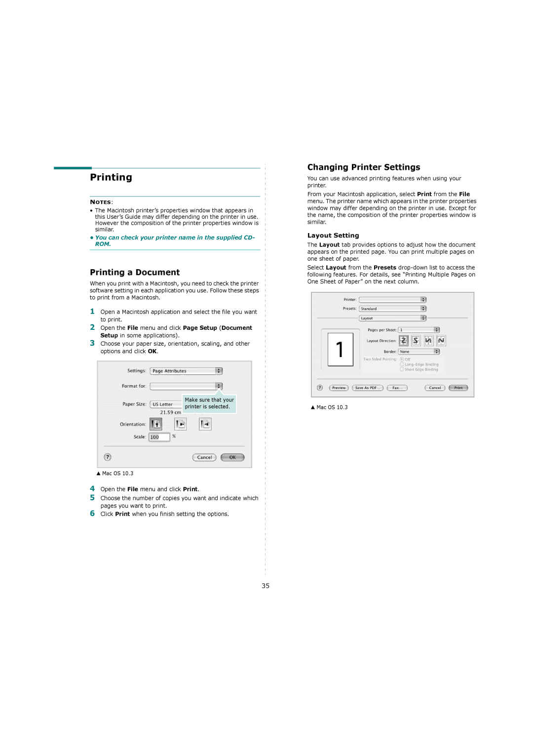 Sharp ML-4550 manual Printing a Document, Changing Printer Settings, Layout Setting 