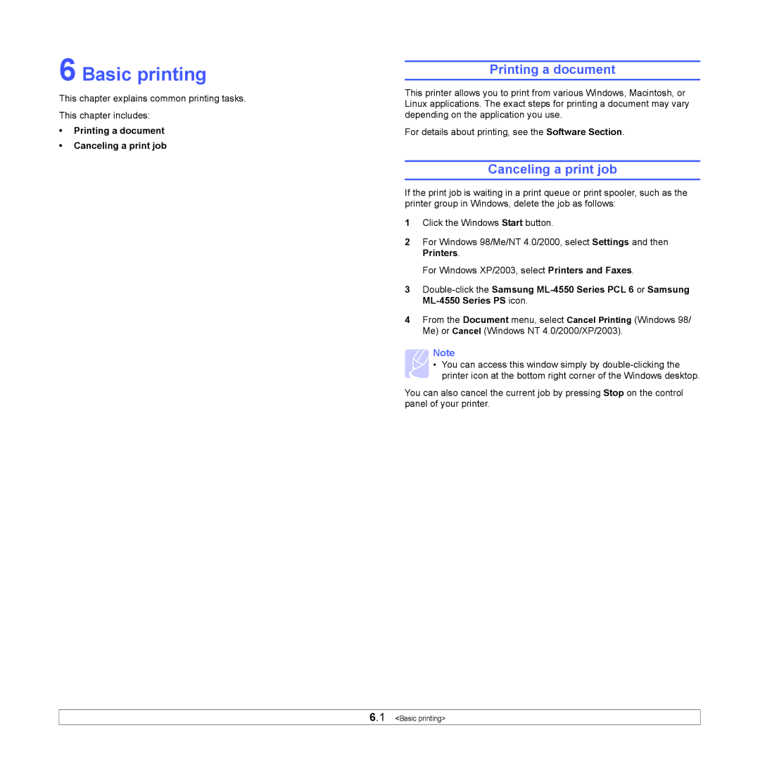 Sharp ML-4550 manual Basic printing, Printing a document Canceling a print job 