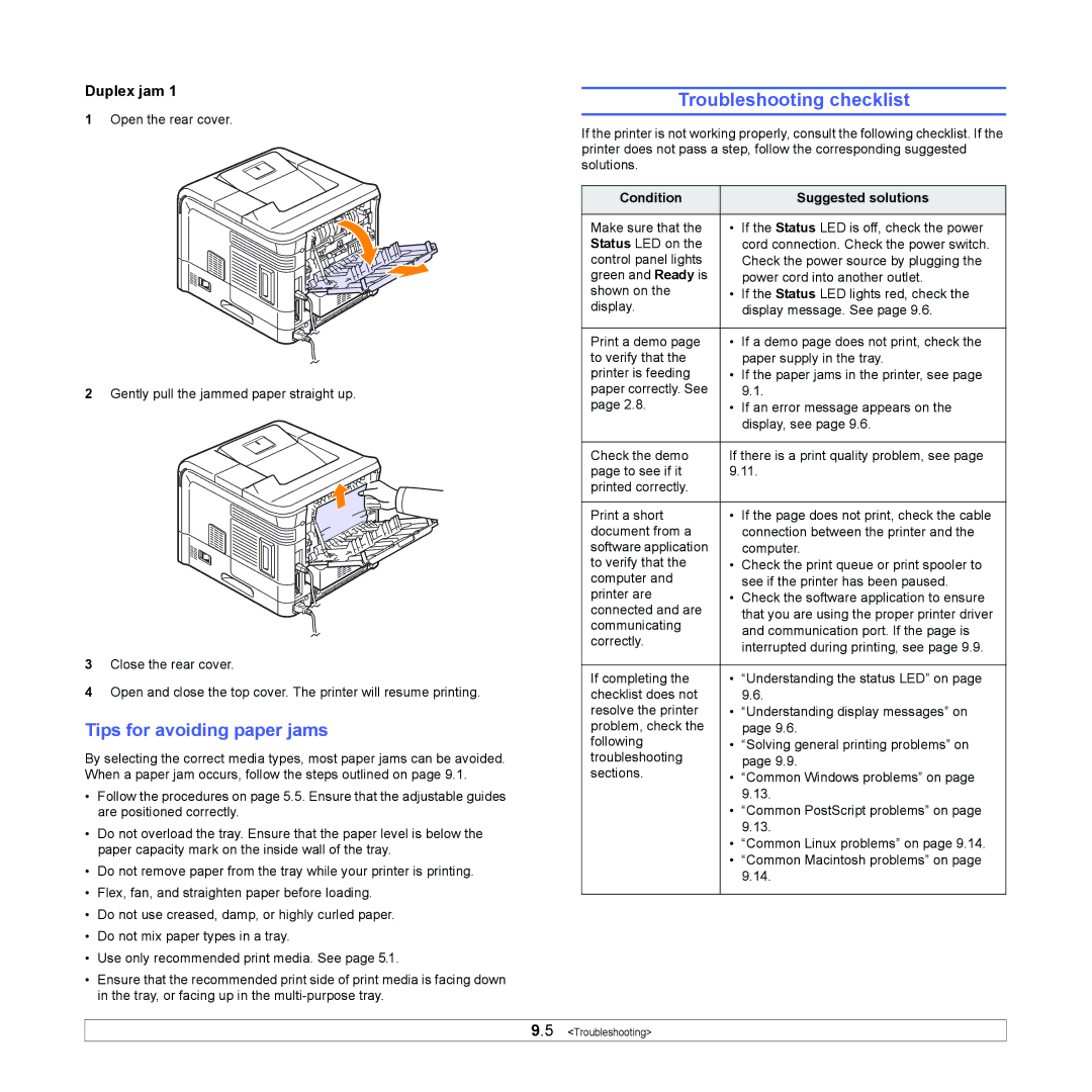 Sharp ML-4550 manual Troubleshooting checklist, Tips for avoiding paper jams, Condition Suggested solutions 