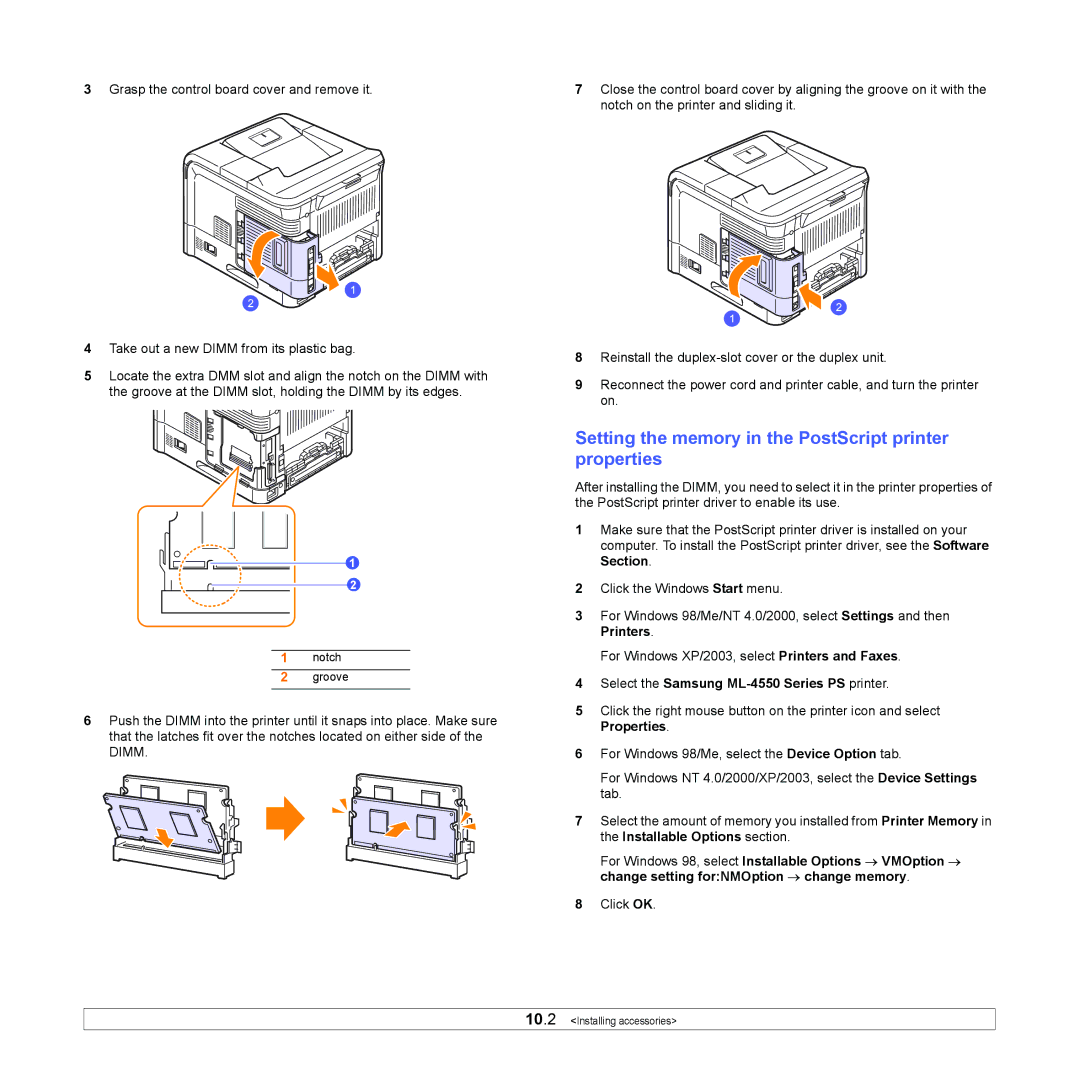 Sharp manual Setting the memory in the PostScript printer properties, Select the Samsung ML-4550 Series PS printer 