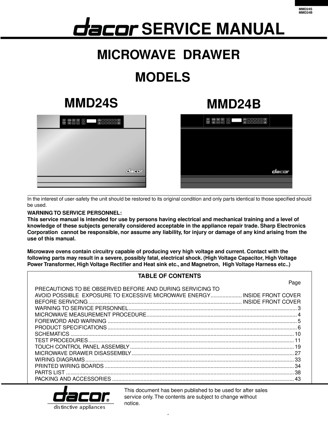Sharp manual Table Of Contents, MICROWAVE DRAWER MODELS MMD24SMMD24B, S38M289MMD24S, Warning To Service Personnel 
