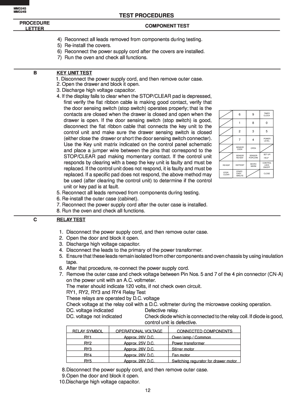 Sharp MMD24B, MMD24S manual Test Procedures, Component Test, Letter, B Key Unit Test, C Relay Test 