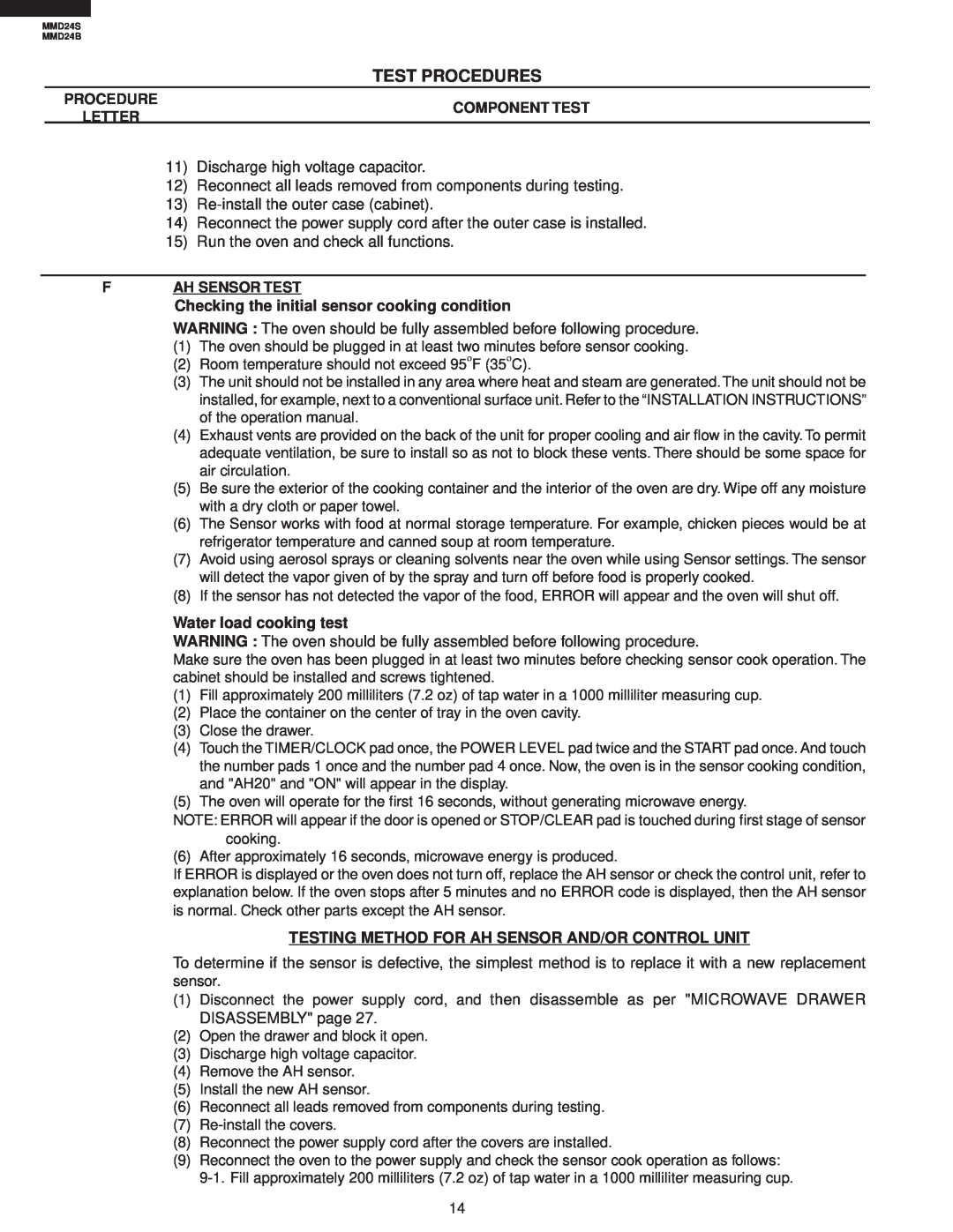 Sharp MMD24B manual Test Procedures, Component Test, Letter, F AH SENSOR TEST Checking the initial sensor cooking condition 