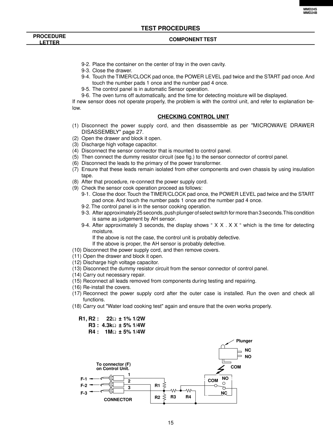 Sharp MMD24S, MMD24B manual Test Procedures, Component Test, Letter, Checking Control Unit 