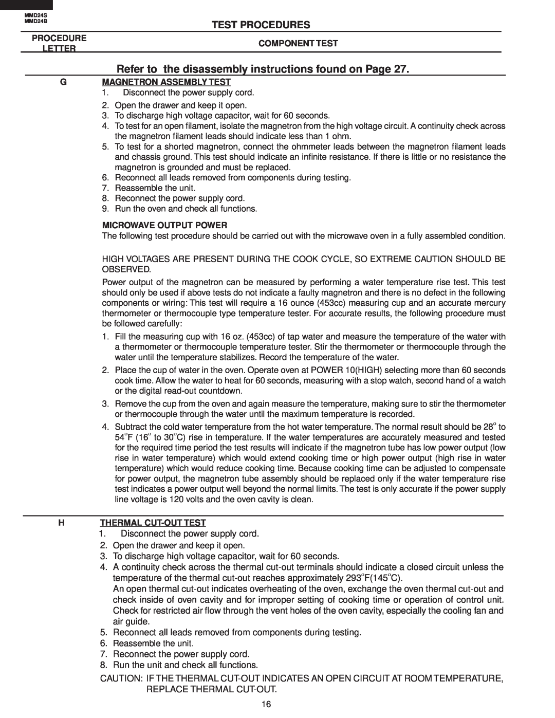 Sharp MMD24B, MMD24S manual Refer to the disassembly instructions found on Page, Test Procedures, Component Test, Letter 