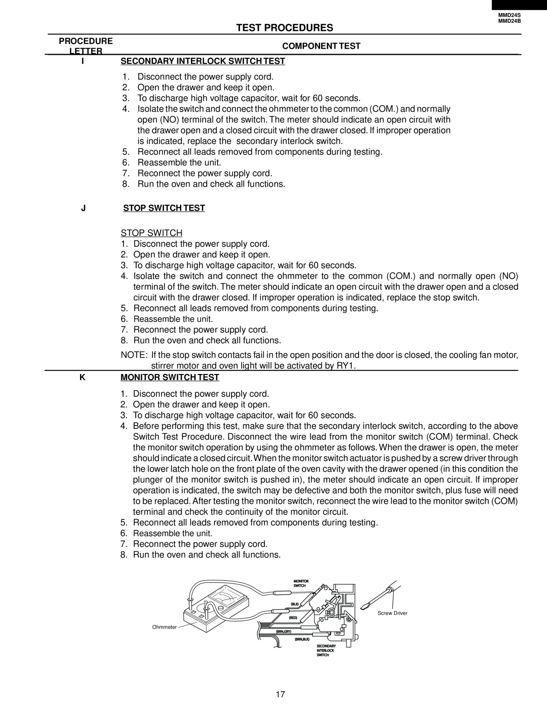 Sharp MMD24S, MMD24B Test Procedures, Letter, I Secondary Interlock Switch Test, J Stop Switch Test, K Monitor Switch Test 