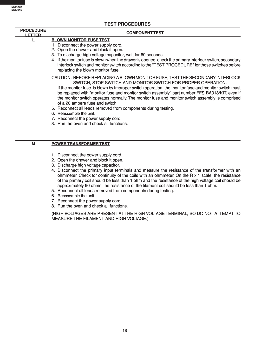 Sharp MMD24B, MMD24S manual Test Procedures, Component Test, Letter, L Blown Monitor Fuse Test, M Power Transformer Test 