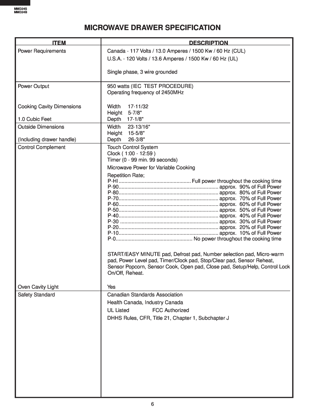 Sharp MMD24B, MMD24S manual Microwave Drawer Specification, Description 