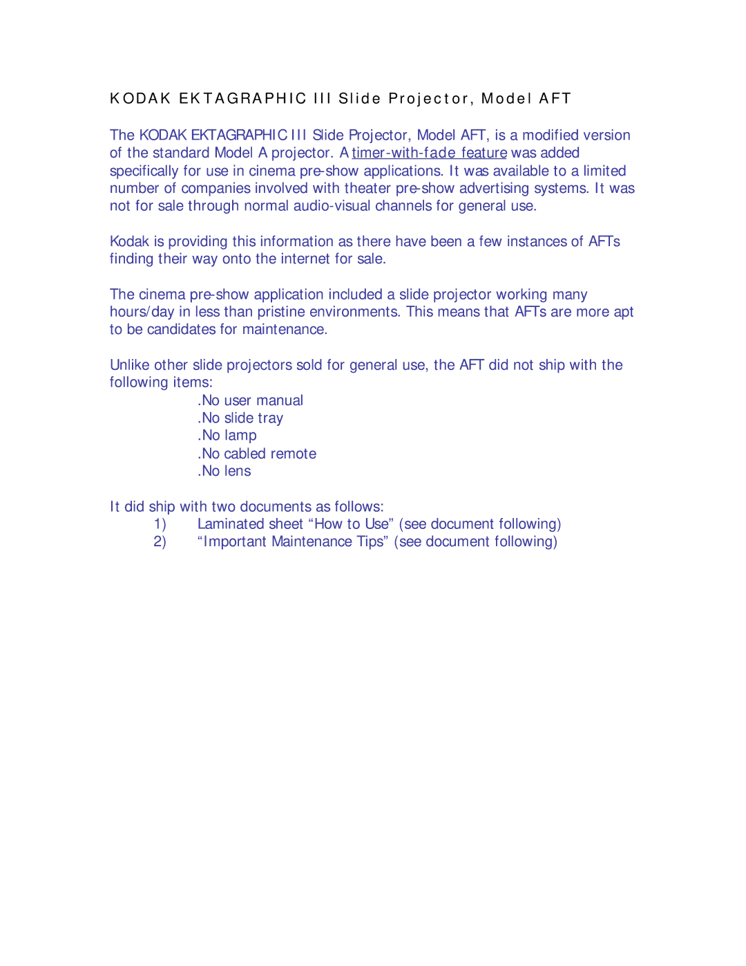 Sharp user manual Kodak Ektagraphic III Slide Projector, Model AFT 