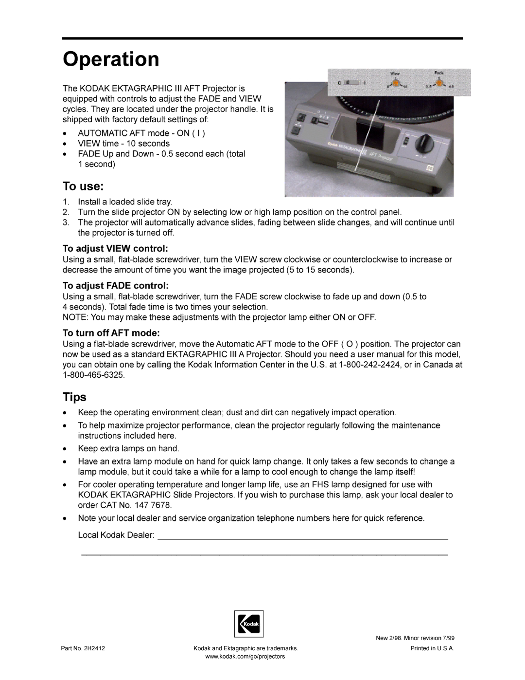 Sharp Model AFT user manual Operation, To adjust View control, To adjust Fade control, To turn off AFT mode 