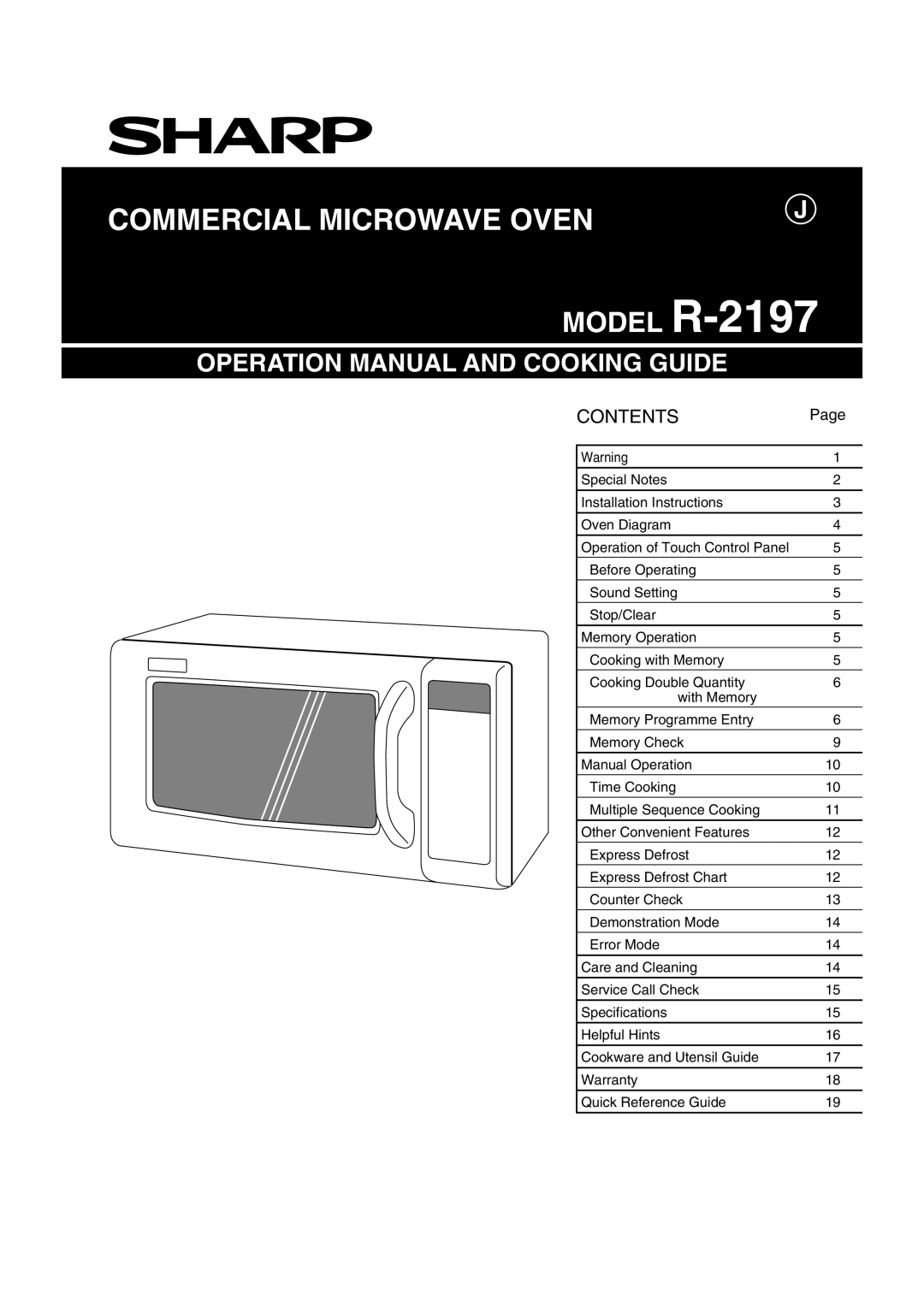 Sharp MODEL R-2197 operation manual Commercial Microwave Oven 