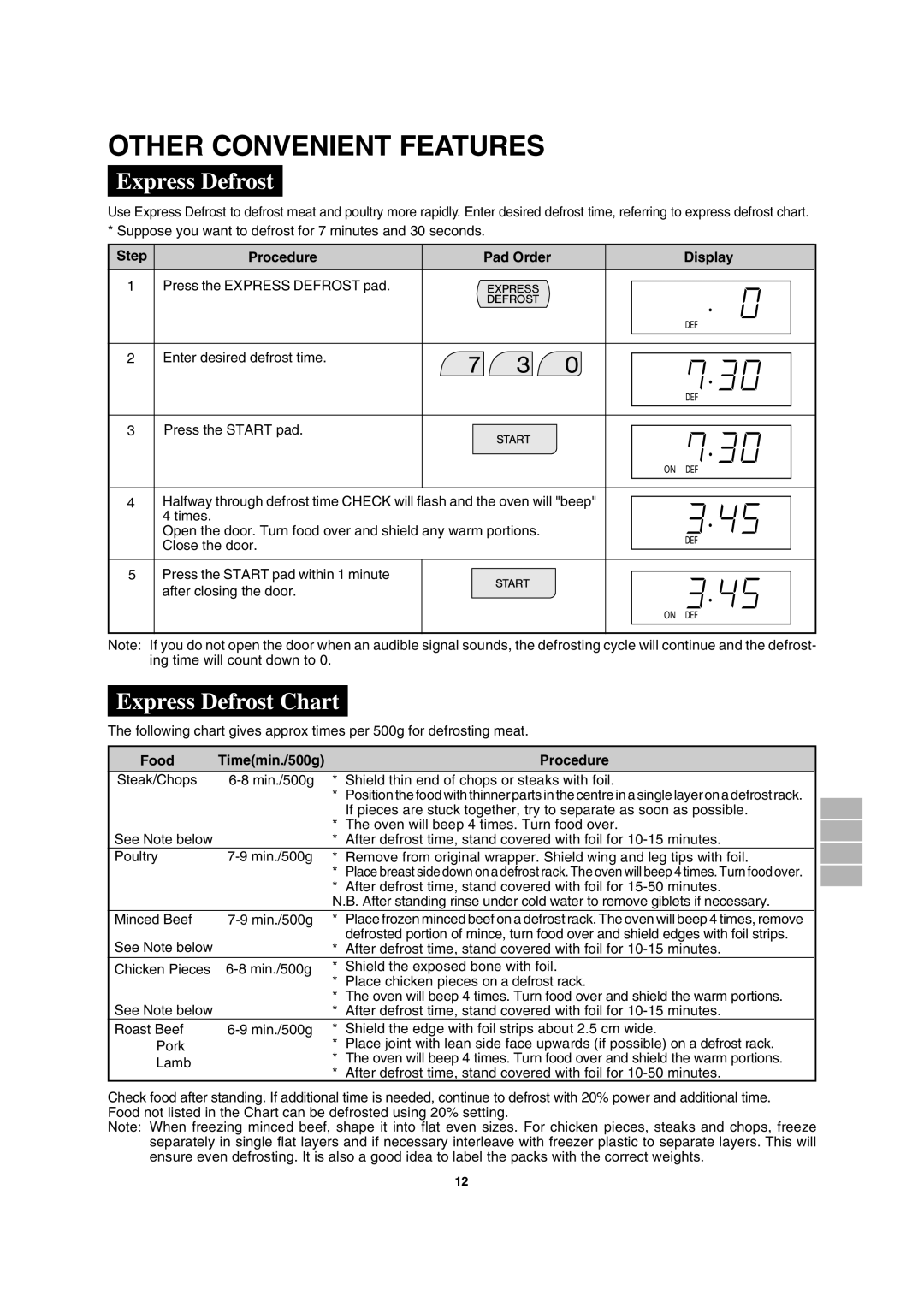 Sharp MODEL R-2197 operation manual Other Convenient Features, Express Defrost Chart, Food Timemin./500g Procedure 