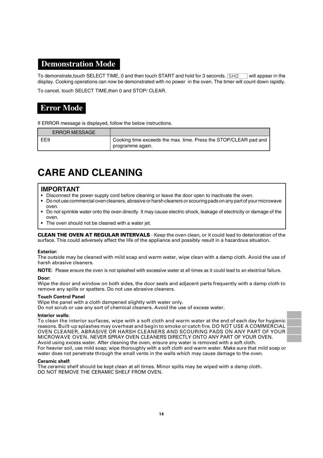 Sharp MODEL R-2197 operation manual Care and Cleaning, Demonstration Mode, Error Mode 