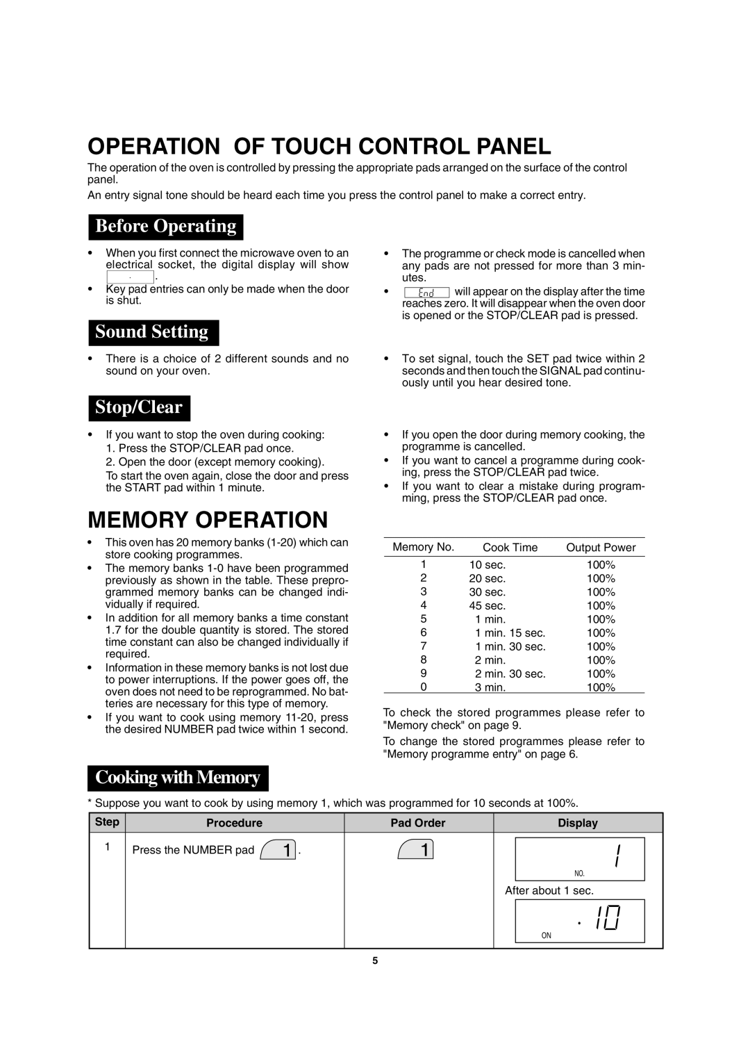 Sharp MODEL R-2197 operation manual Operation of Touch Control Panel, Memory Operation 