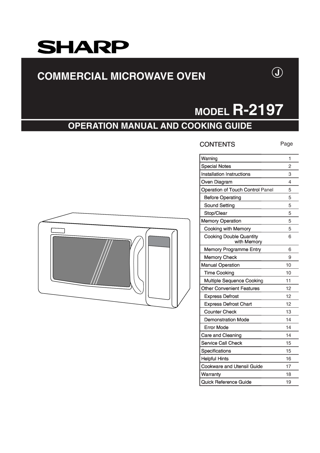 Sharp MODEL R-2197 operation manual Contents, Page, Commercial Microwave Oven 