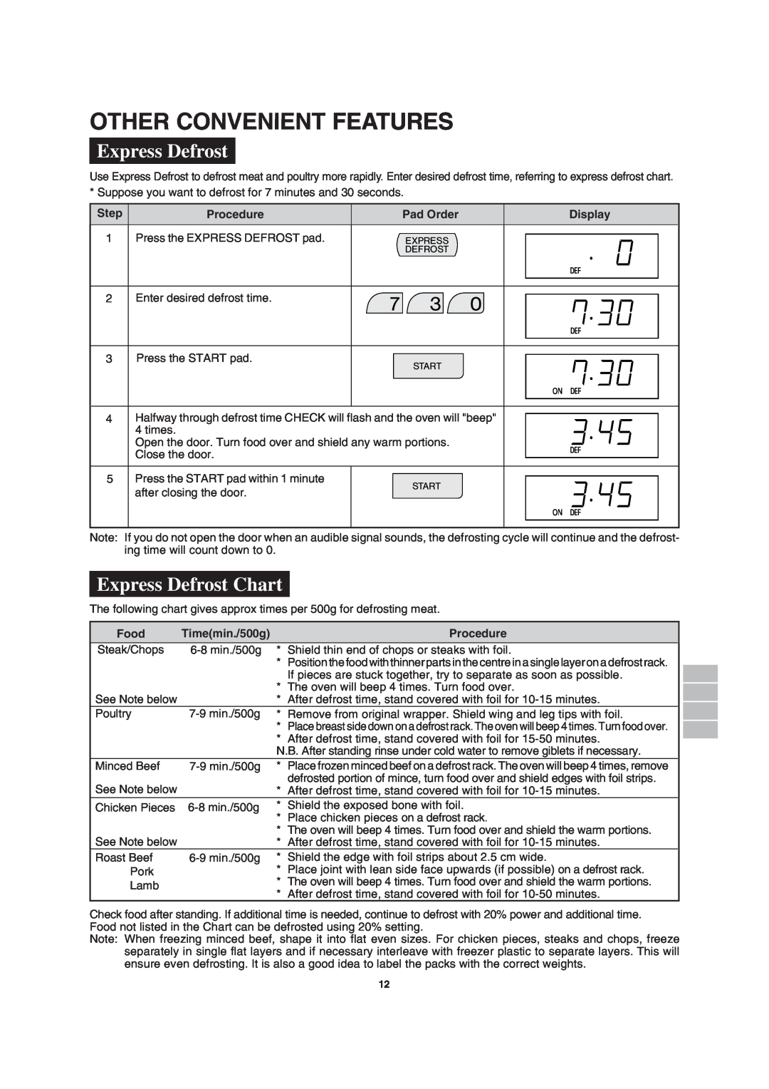 Sharp MODEL R-2197 operation manual Other Convenient Features, Express Defrost Chart 