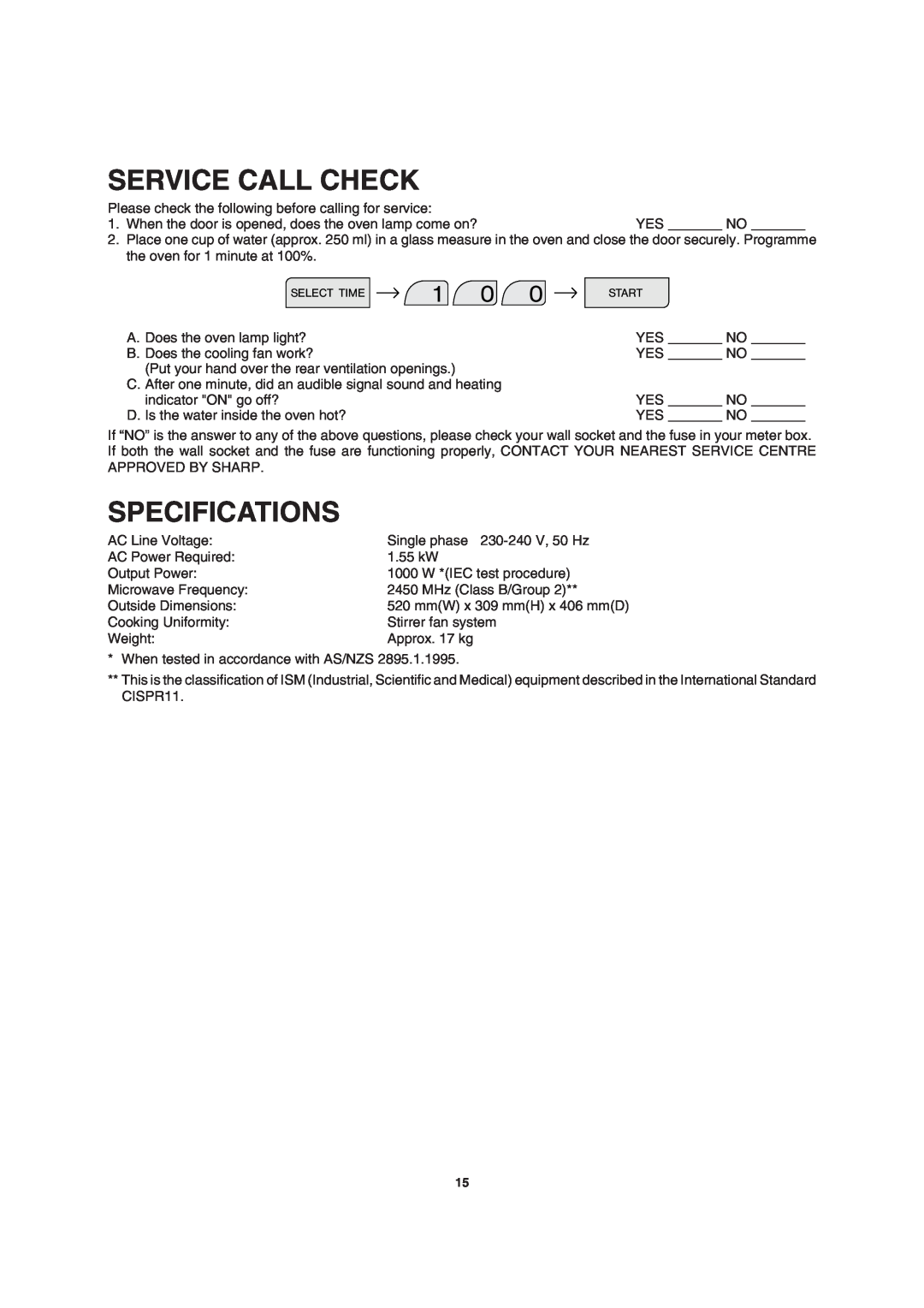Sharp MODEL R-2197 operation manual Service Call Check, Specifications 