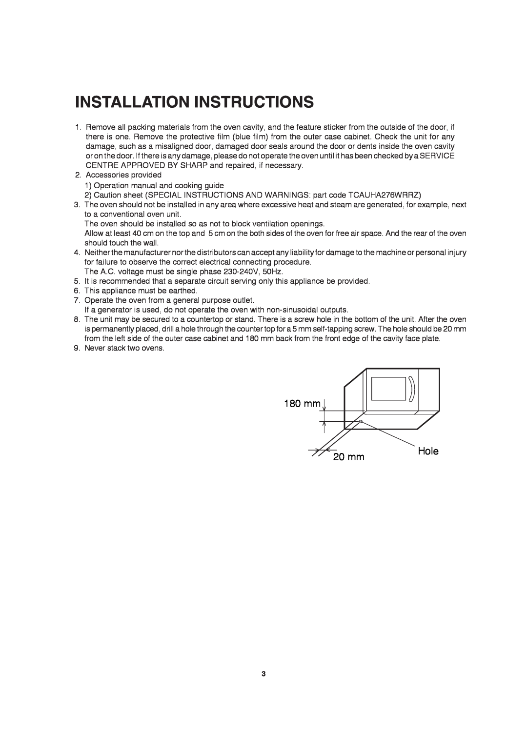 Sharp MODEL R-2197 operation manual Installation Instructions, 180 mm, 20 mm, Hole 