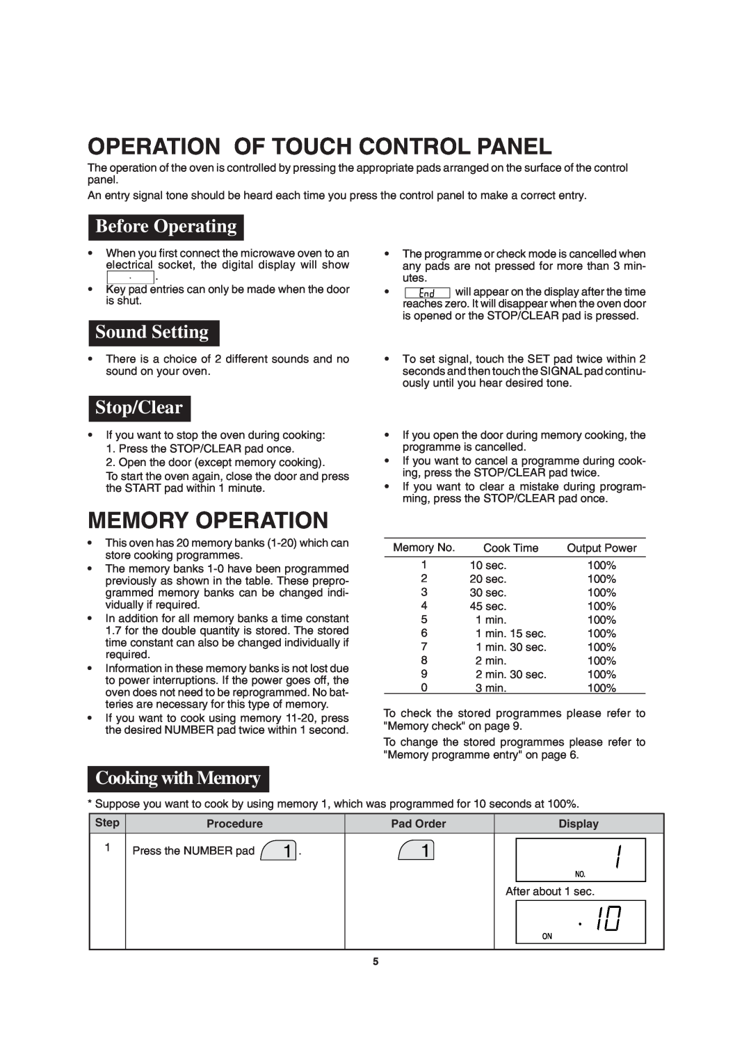 Sharp MODEL R-2197 Operation Of Touch Control Panel, Memory Operation, Before Operating, Sound Setting, Stop/Clear 