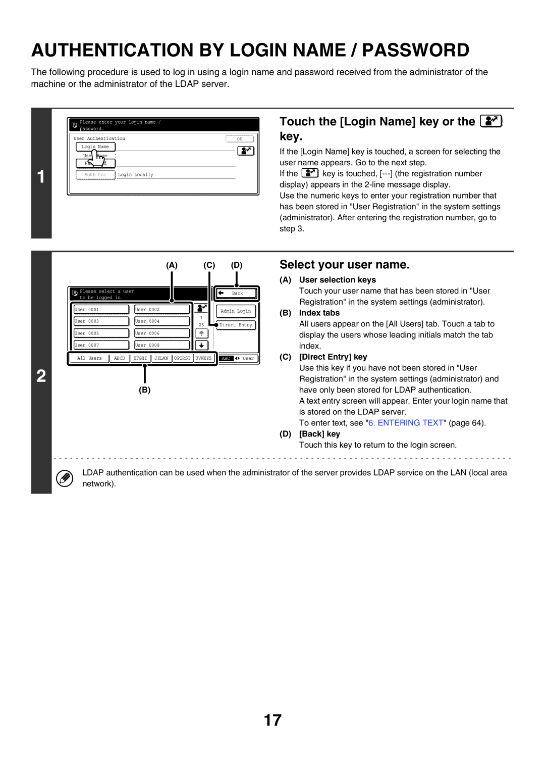 Sharp MX-2300G manual Authentication by Login Name / Password, Touch the Login Name key or the key, Select your user name 