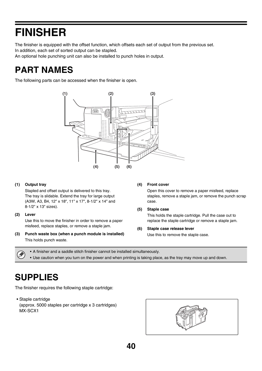 Sharp MX-2700G, MX-2300G manual Finisher, Part Names, Supplies 