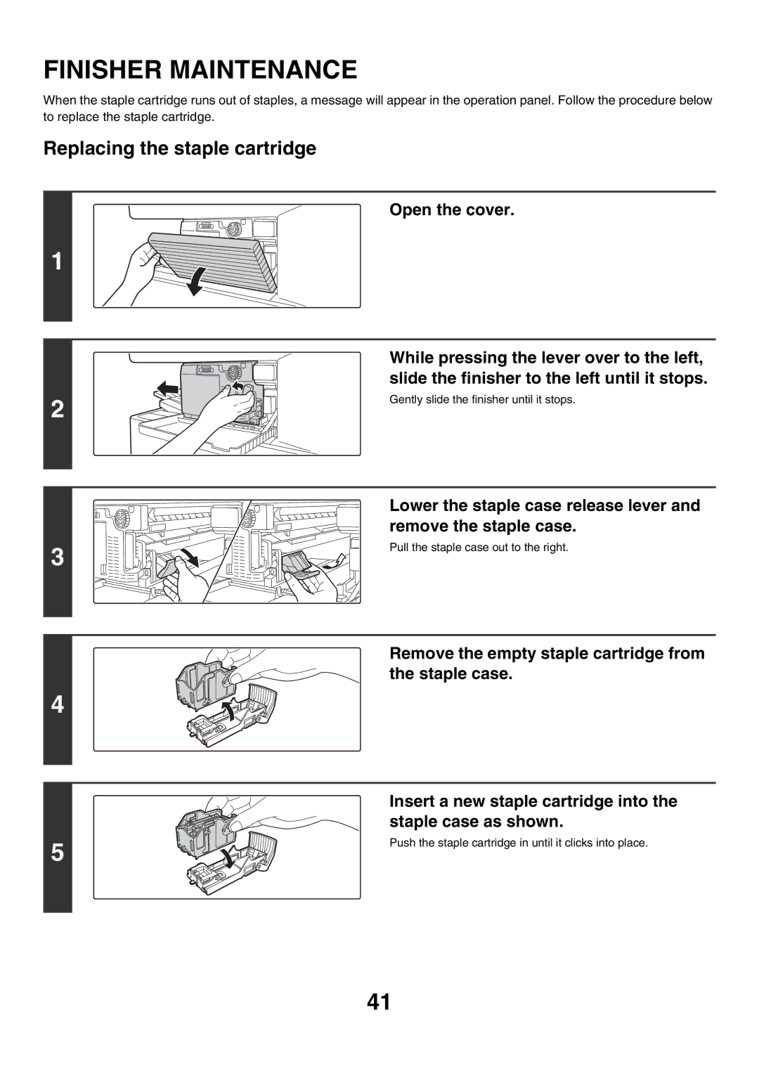 Sharp MX-2300G, MX-2700G manual Finisher Maintenance, Replacing the staple cartridge 