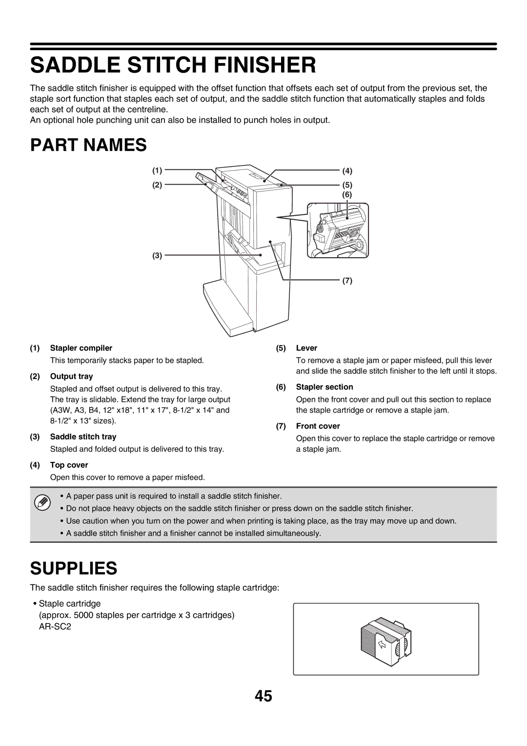 Sharp MX-2300G manual Saddle Stitch Finisher, Stapler compiler, Stapler section, Front cover Saddle stitch tray, Top cover 