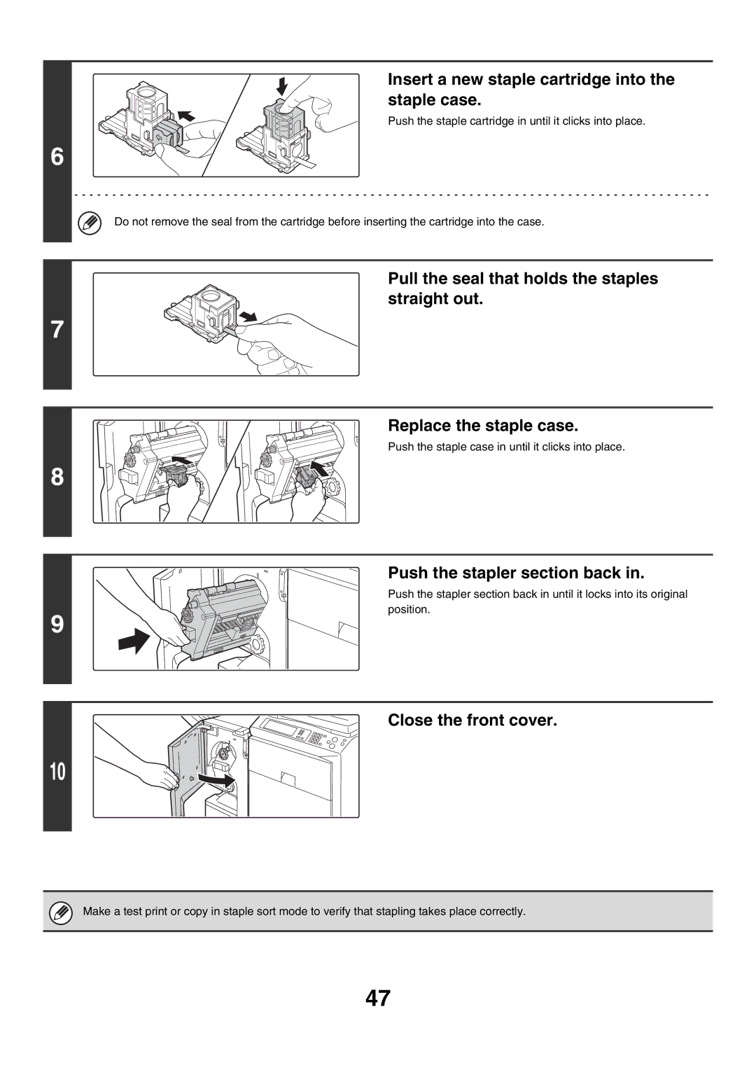 Sharp MX-2300G Insert a new staple cartridge into the staple case, Push the stapler section back, Close the front cover 