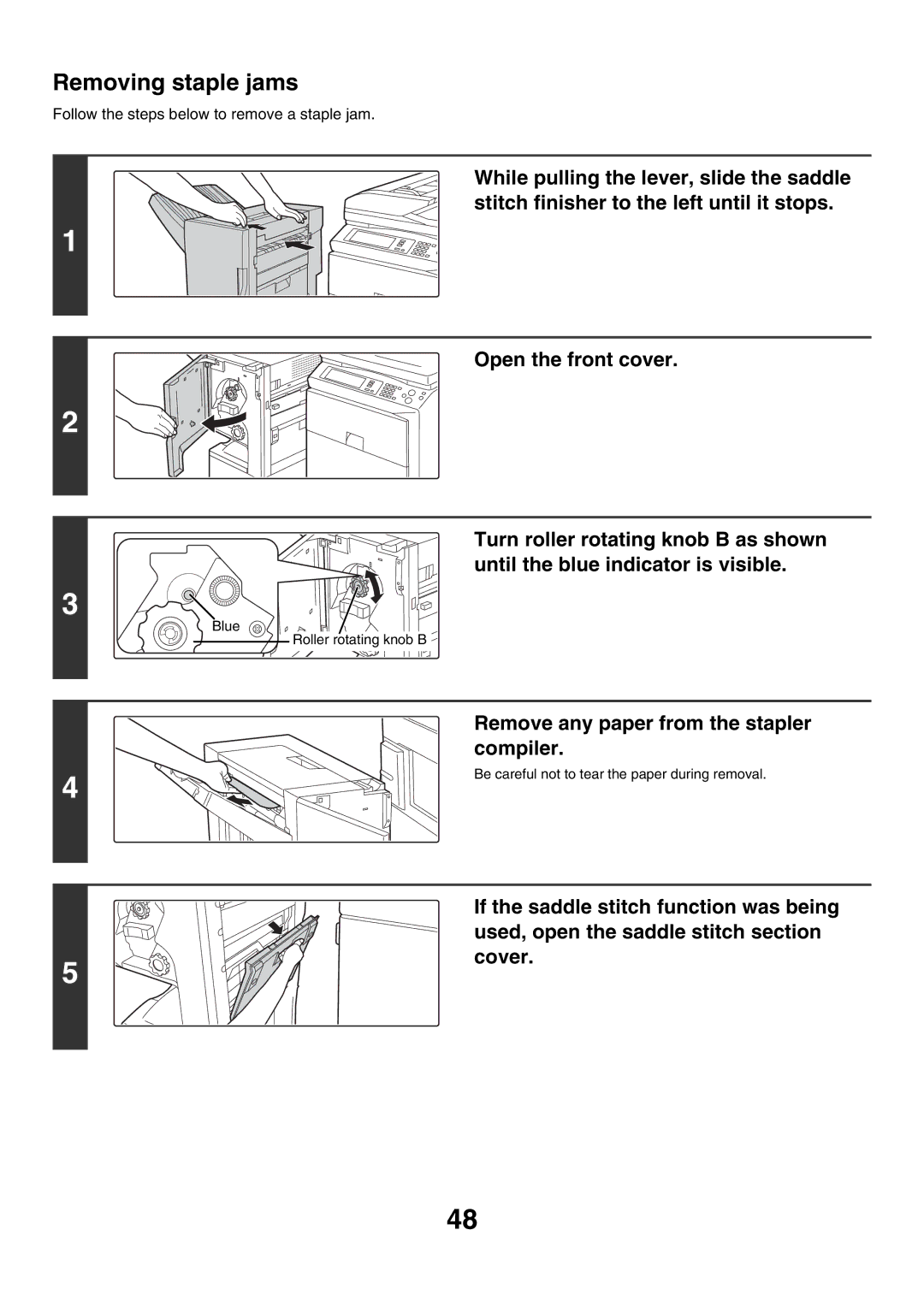 Sharp MX-2700G, MX-2300G manual Removing staple jams, Remove any paper from the stapler compiler 