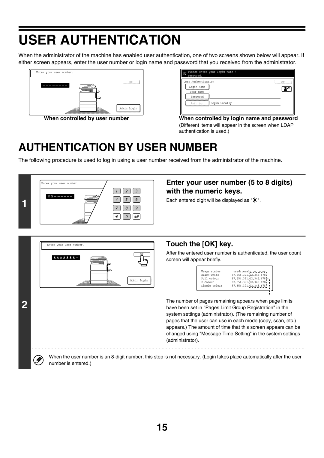Sharp MX-2300G User Authentication, Authentication By User Number, Enter your user number 5 to 8 digits, Touch the OK key 