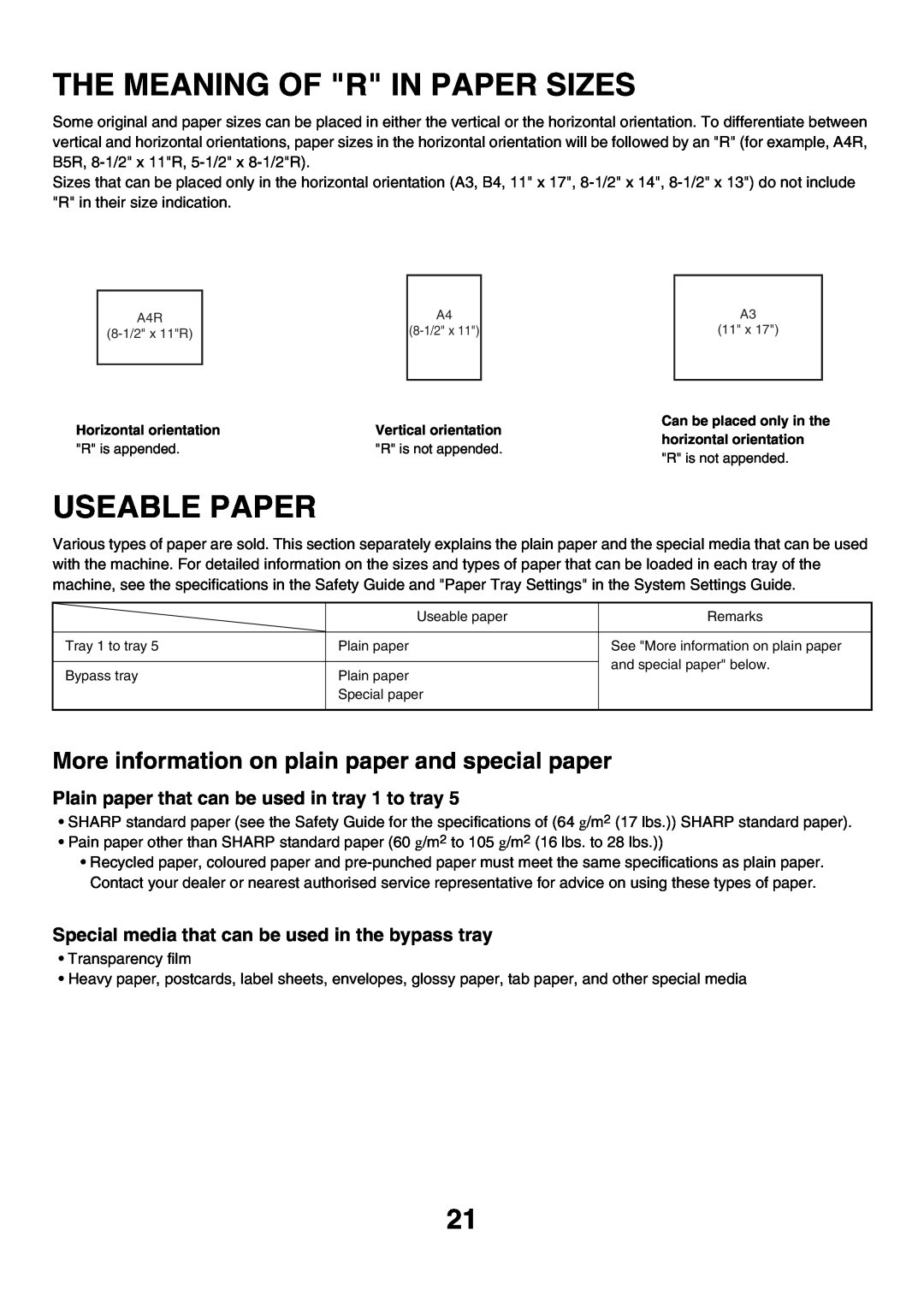 Sharp MX-2300G, MX-2700G The Meaning Of R In Paper Sizes, Useable Paper, More information on plain paper and special paper 