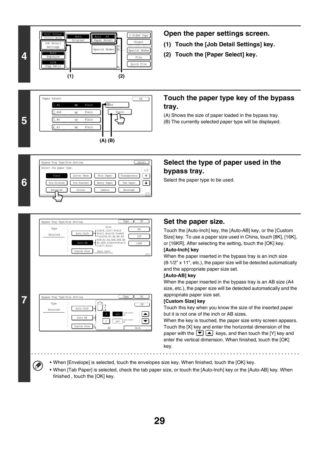 Sharp MX-2300G, MX-2700G Open the paper settings screen, Touch the paper type key of the bypass tray, Set the paper size 