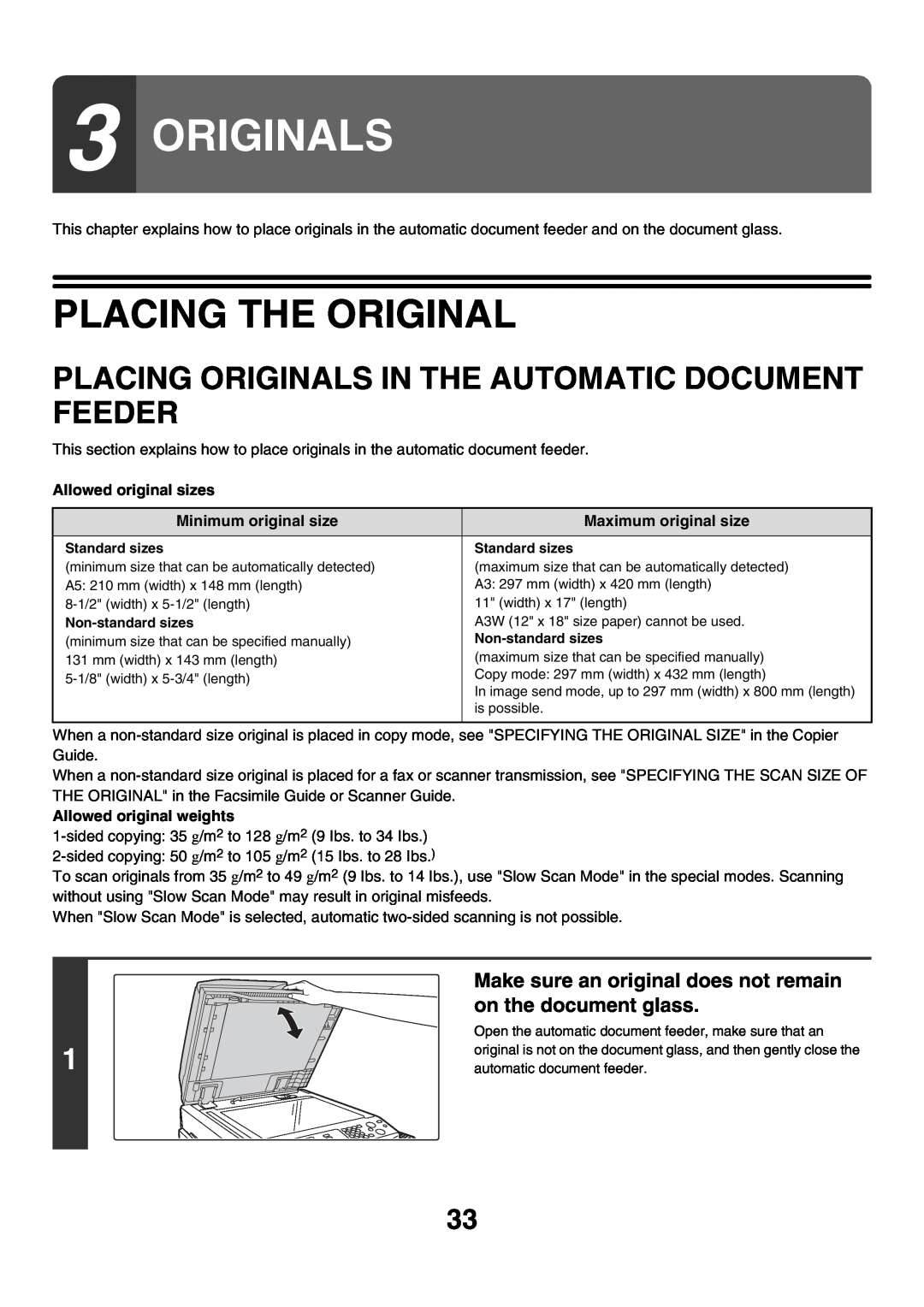 Sharp MX-2300G manual Placing The Original, Placing Originals In The Automatic Document Feeder, on the document glass 