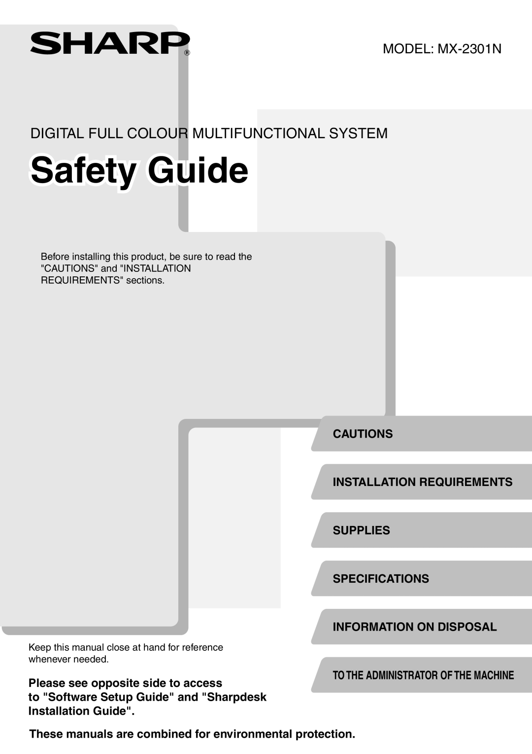 Sharp MX-2301N specifications Safety Guide 