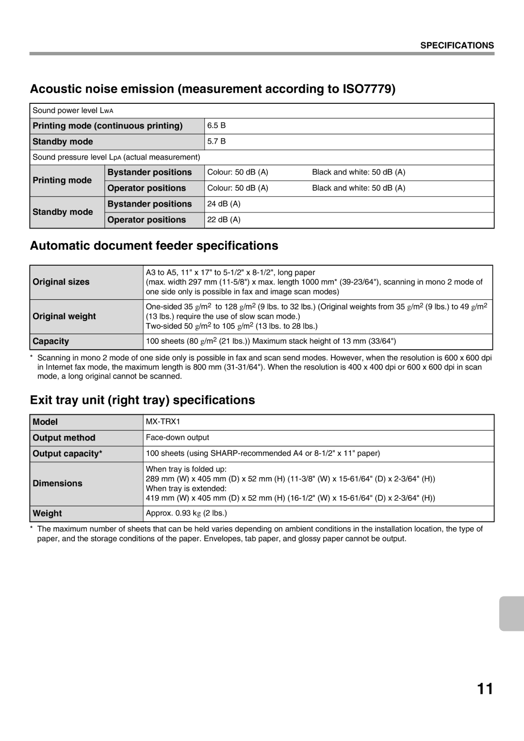 Sharp MX-2301N Acoustic noise emission measurement according to ISO7779, Automatic document feeder specifications 